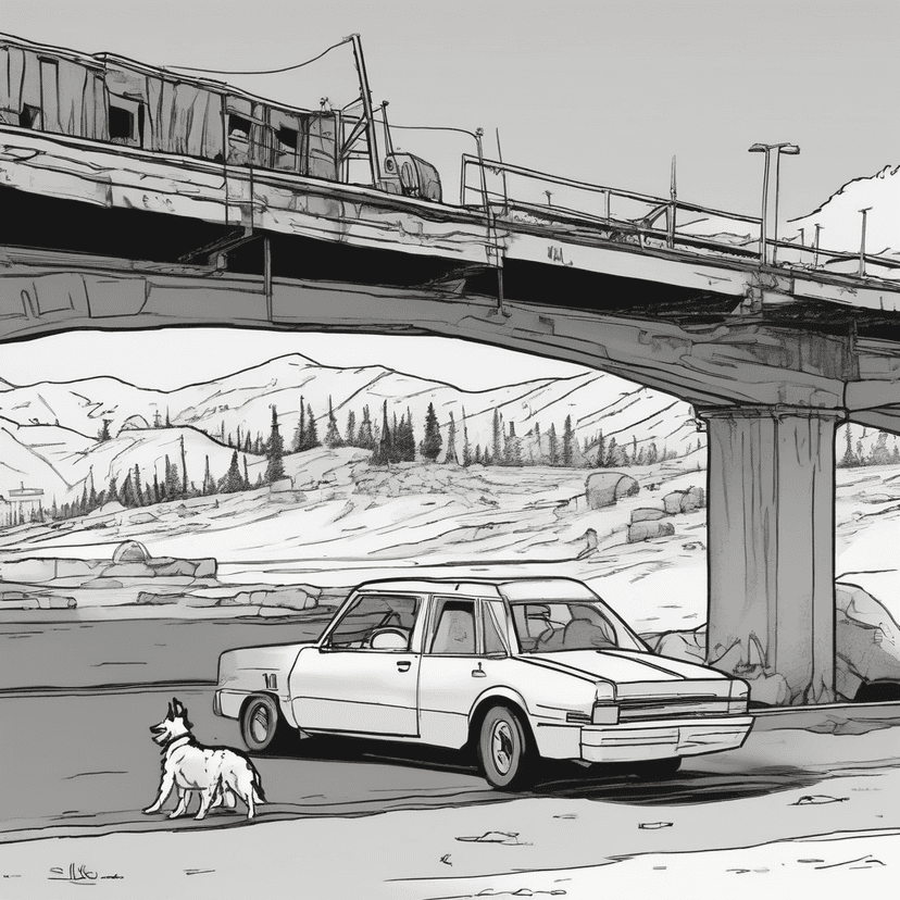 Dog sits. Car idles. Bridge inspection.